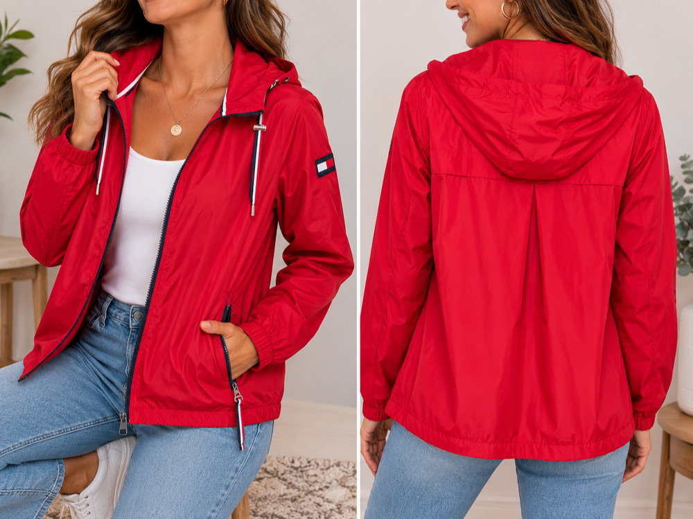 Tommy Hilfiger Womens Red Hooded Windbreaker Jacket L Mesh Lined Full Zip